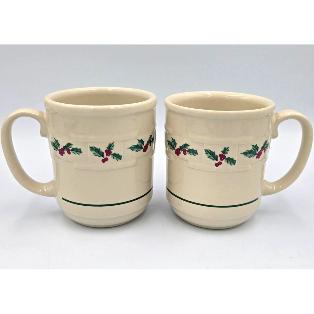 Longaberger Pottery Woven Traditions Holly Christmas Coffee Mugs Set of 2